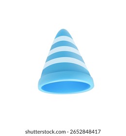 Cone 3D azul ou chapéu de festa com listras brancas no branco