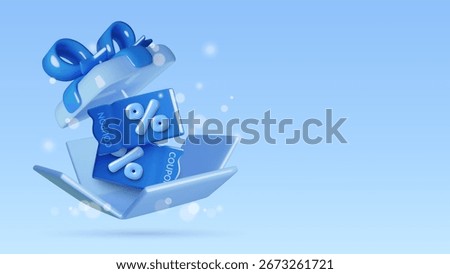 Blue 3D coupons in a gift box with light circles. Holiday sale vector background with copy space.