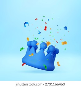 Blaue 3D-Krone mit Kugeln und herabfallenden bunten Konfetti. Feiern Sie mit dem Triumph- und Lizenzkonzept für Partyeinladungen oder Grußkarten. Vektorgrafik