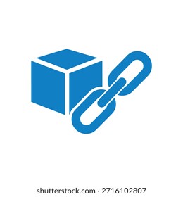 Blue 3d cube and chain link icon representing connection and storage. Simple graphic on grey background.