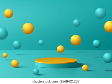 Blue 3D cylindrical podium background with yellow, blue bounce ball. 3D Studio wall scene. Minimalist mockup pedestal. Abstract stand product display presentation, Stage for showcase. Vector design.