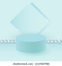 Blue 3d cylindrical stage podium or pedestal. Minimal product presentation platform against the backdrop of an abstract composition with pearls. Pastel vector background.