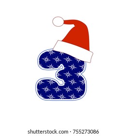 Blue 3d digit 3 with snowflakes in a Santa Claus hat.Vector illustration