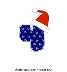 Blue 3d digit 4 with snowflakes in a Santa Claus hat.Vector illustration