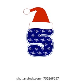 Blue 3d digit 5 with snowflakes in a Santa Claus hat.Vector illustration