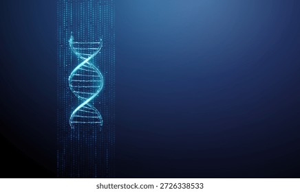 Hélice de ADN 3D azul en flujo de datos. Procesamiento de información genética, bioinformática, ayuda en medicina, tecnología de la salud, concepto de investigación científica. Estilo futurista digital de baja poli. Vector
