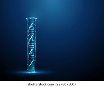 Blue 3d DNA molecule helix in the lab test tube. Scientific research concept. Gene editing, genetic biotechnology engineering. Low poly style. Abstract wireframe light structure. Vector