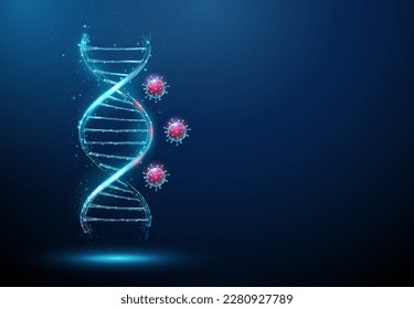 Molécula azul de ADN 3d con virus detrás. Sistema Cas9 de Crispr. Edición genética, concepto de ingeniería de biotecnología genética. Bajo estilo de poli. Estructura de la luz del bastidor del cableado abstracto. Vector