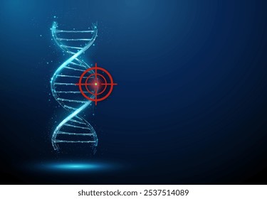 Hélice azul da molécula de DNA 3d com sinal de alvo. Danos ao DNA, edição de genes, mutação genética, conceito de engenharia genética biotecnológica. Estilo futurista poli baixo Estrutura de luz abstrata wireframe. Vetor