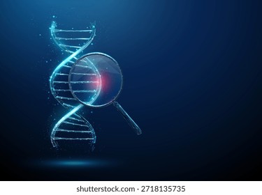 ADN azul en 3D bajo una lupa con una mancha roja en el interior. Mutación genética, secuenciación de ADN, biología molecular, concepto de investigación biotecnológica. Estilo futurista digital de baja poli, estructura de alambre. Vector.