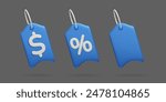 Blue 3D dollar price tag and percent discount voucher collection. Set of different price tags isolated on dark background. Online shopping discount labels, sale promo campaign, retail marketing.