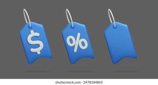 Blue 3D dollar price tag and percent discount voucher collection. Set of different price tags isolated on dark background. Online shopping discount labels, sale promo campaign, retail marketing.