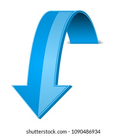 Blue 3d down arrow with transparent shadow. Vector illustration isolated on white background