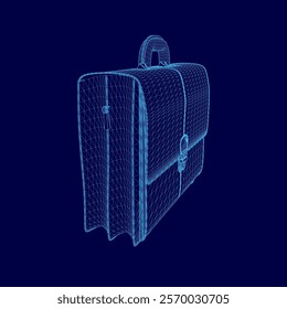 Blue 3D drawing of a briefcase. The briefcase is open and the handle is visible