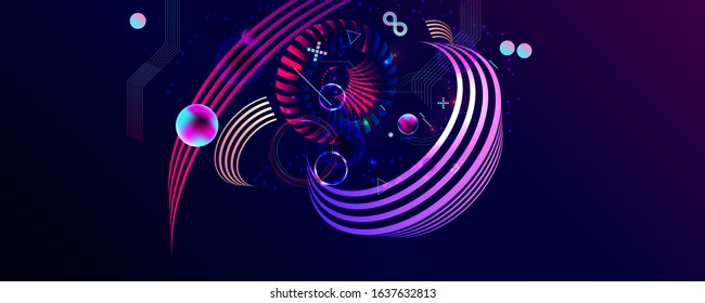 Blue 3d futuristic neon space background with planets and geometric elements. Abstraction