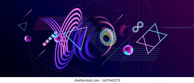 Blue 3d futuristic neon space background with planets and geometric elements. Abstraction