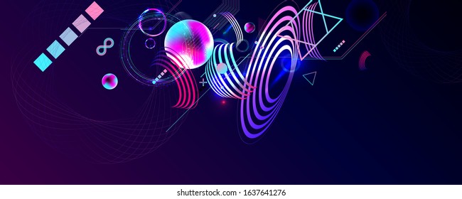 Blue 3d futuristic neon space background with planets and geometric elements. Abstraction
