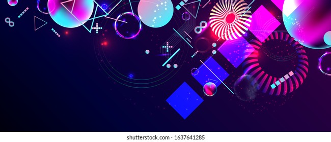 Blue 3d futuristic neon space background with planets and geometric elements. Abstraction