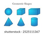 Blue 3D Geometric Shapes of Sphere, Cube, Cuboid, Pyramid, Cone and Cylinder