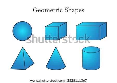 Blue 3D Geometric Shapes of Sphere, Cube, Cuboid, Pyramid, Cone and Cylinder
