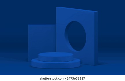 Pedestal del podio de la vitrina geométrica 3d azul para la Ilustración vectorial realista de la presentación. Exhibición minimalista del cilindro interior de la sala de exposición con el fondo angular de la pared para la venta de compras