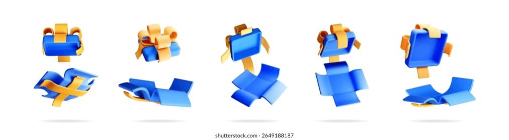 Blue 3d gift box collection with orange ribbon bow in various dynamic poses. Present for birthday, holiday, or anniversary.