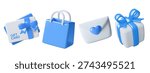 Blue 3d gift card, gift box, paper bag and envelope with heart. Boy