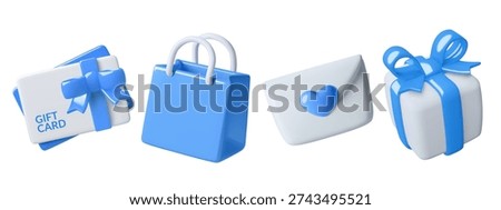 Blue 3d gift card, gift box, paper bag and envelope with heart. Boy's birthday or Father's Day gifts icons collection. Cute vector illustrations isolated on white background.