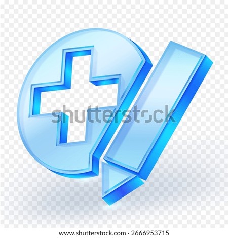 Blue 3D glass add and edit icon with plus sign and pencil isolated on transparent background. Ideal for UI design, apps, and digital tools. Vector illustration.