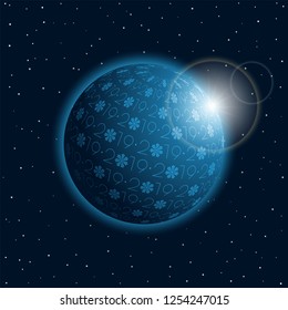 Blue 3D glowing planet icon with the inscription 2019. Vector illustration.