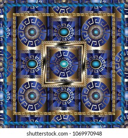Blue 3d greek panel pattern. Meanders ornament. Greek key shapes, figures, frames, circles, squares. Modern geometric ornate background. Abstract beautiful panel design. Surface ornamental texture. 