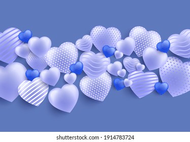 Blaue 3D-Herzen auf blauem Hintergrund. Vektorgrafik. Cute love Banner oder Grußkarte.