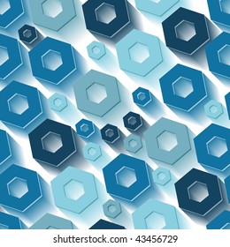 Blue 3d hexagon tiles. Seamless vector pattern