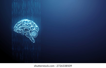 Cérebro humano 3D azul no fluxo de dados. IA, processamento neural, análise de dados médicos, pesquisa em neurociência, cognição digital, conceito de tecnologia de saúde. Futurista digital poli baixo. Vetor.