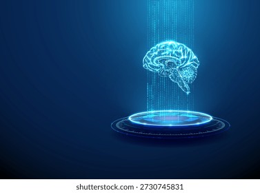 Blue 3d human brain on futuristic podium in data stream. AI, neuroscience research, advanced healthcare technology, human intelligence innovation concept Low poly digital futuristic  wireframe. Vector