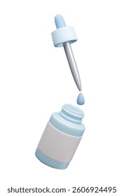 Blue 3D hydrating peptide facial serum essence beauty cosmetic product. Collagen oil serum bottle with pipette dropper and liquid drop 3D packaging design floating mockup. Skincare treatment makeup.