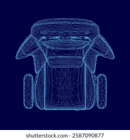 A blue 3D image of a chair with a backpack on it. The chair is designed to wireframe. Top view