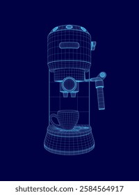 A blue 3D image of a coffee maker with a cup on top of it. The coffee maker is a modern design with a sleek and futuristic look. Concept of innovation and sophistication