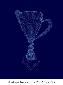 Blue 3D image of a cup with a handle. The cup is sitting on a pedestal