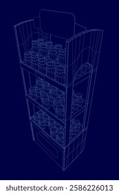 A blue 3D image of a tall display case with many shelves and bottles on them. Concept of organization and abundance, with the bottles neatly arranged on the shelves