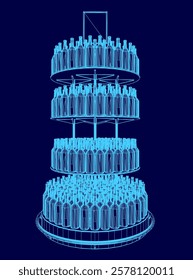 Blue 3D image of a tall stack of wine bottles. The image is of a cake made of wine bottles, with each layer of the cake having a different number of bottles. Concept of celebration and abundance