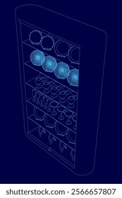 Blue 3D image of a wine rack with many wine glasses on it. The wine glasses are arranged in rows and are of various sizes. Concept of organization and elegance. Isometric view