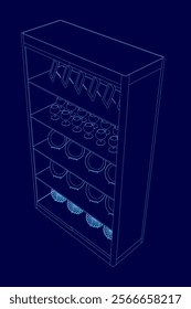 Blue 3D image of a wine rack with many wine glasses on it. The wine glasses are arranged in rows and are of various sizes. Concept of organization and elegance. Isometric view