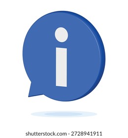 Blue 3D information icon. Realistic isometric speech bubble with white letter i inside. Help and support symbol with shadow. FAQ customer service button isolated on white background.