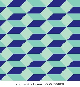 Blue 3D isometric cube vector seamless pattern background. Horizontal rows rectangle cubes abstract backdrop. Symmetrical design with geometric shapes. Diagoanl three dimensional effect