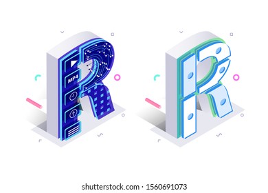 Blue 3d isometric letter R made with cellular virtual style vector illustration. Pair of colorful alphabet members impersonated internet manner flat design concept