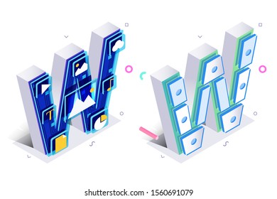Blue 3d isometric letter W made with virtual internet style vector illustration. Pair of multicolored alphabet units impersonated in electro futuristic manner flat design concept