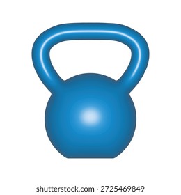 Blue 3D kettlebell vector icon. Realistic glossy gym weight symbol isolated on white background. Heavy fitness equipment illustration for bodybuilding, sport training and workout design.