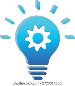 Una bombilla 3D azul con un símbolo de engranaje que representa la invención, la innovación, las ideas creativas y los conceptos de resolución de problemas en un estilo tridimensional moderno.