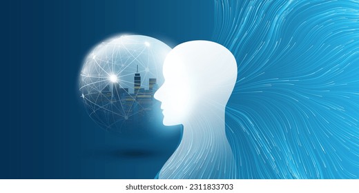 Blue 3D Machine Learning, Artificial Intelligence and Neural Networking Design Concept with Human or Robot Head Silhouette, Network Mesh, Wavy Lines of Neural Networks, Connections to the Brain Center